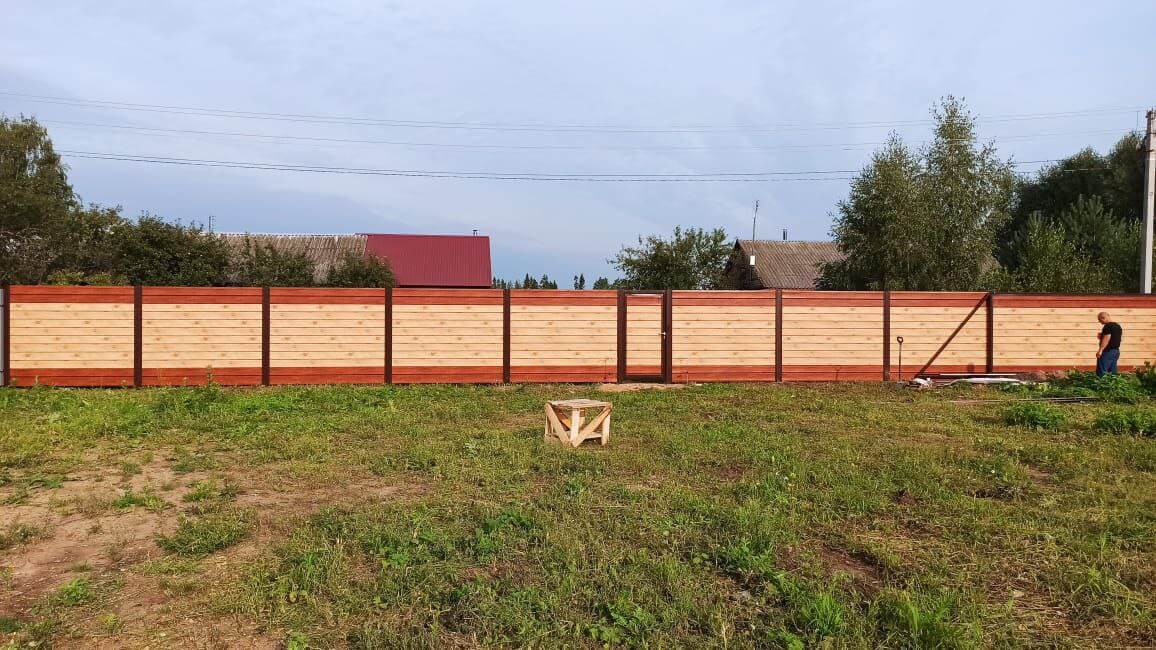 Забор из металлосайдинга Евро-Брус 34м Клен Светлый (SteelArt) + Темное Дерево (Printech) фото 2 в Актау